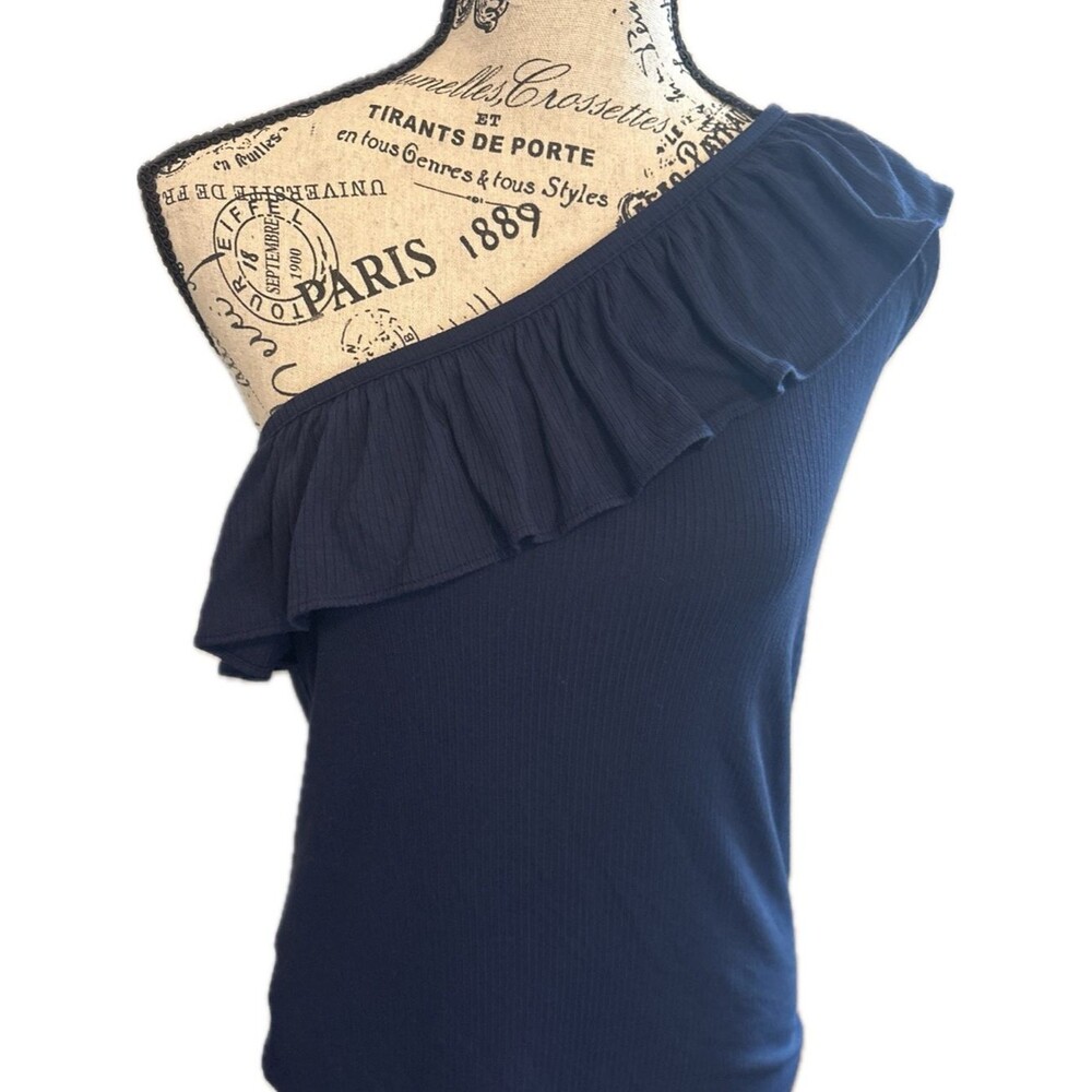 LOFT Navy One-Shoulder Ruffle Crop Top